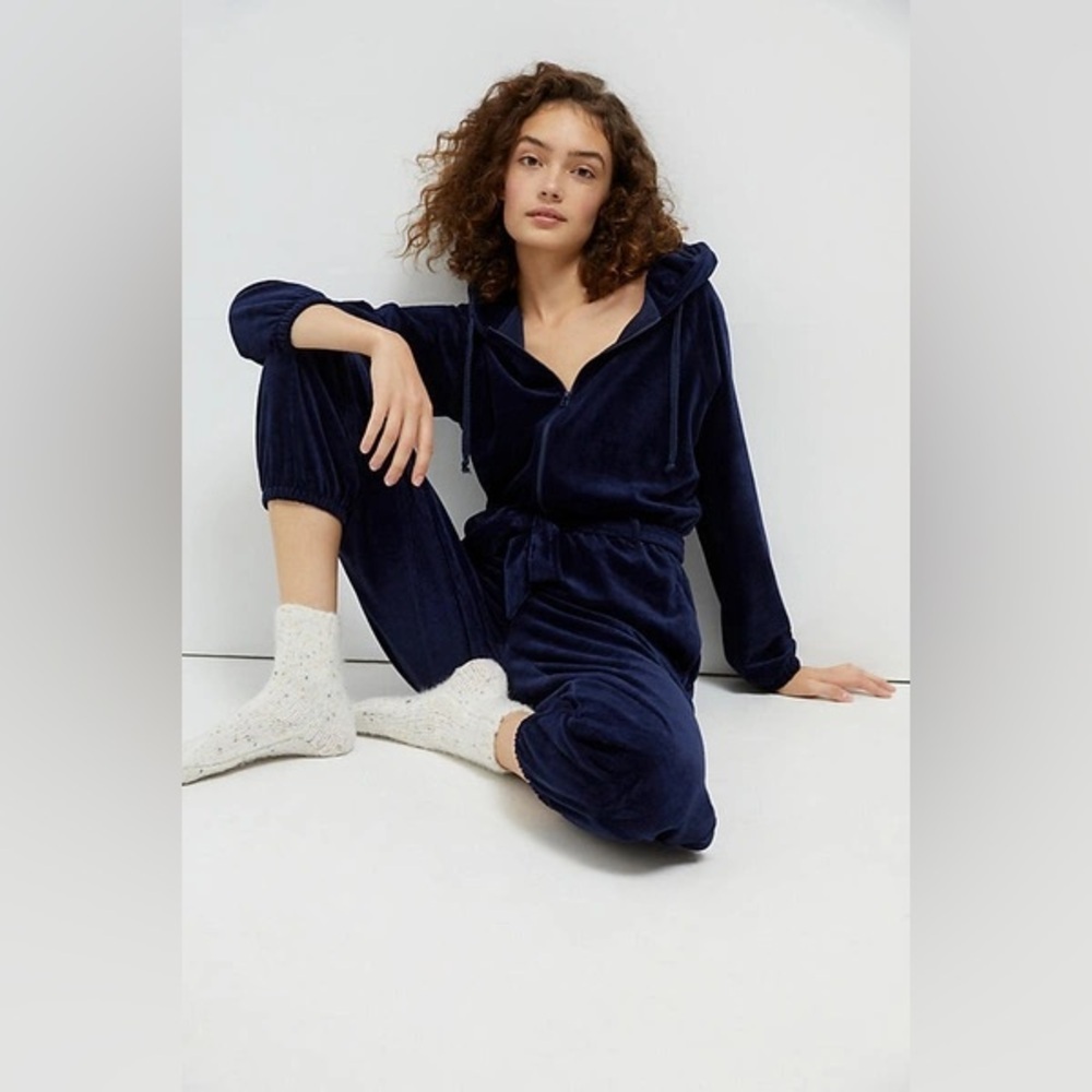 SATURDAY/SUNDAY Cozy Velvet Hooded Jumpsuit In Blue size m by Anthropologie